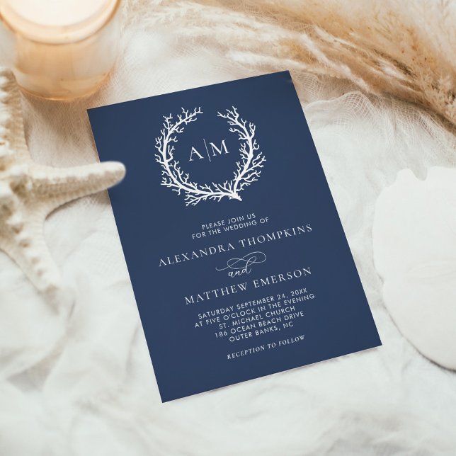Navy Blue Beach Monogram Minimal Wedding  Invitation (Creator Uploaded)