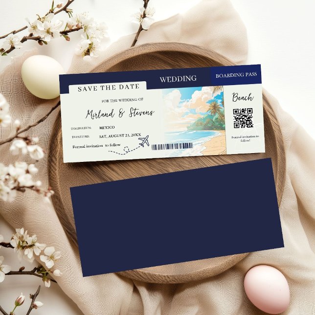 Navy blue Beach Nautical Boarding pass wedding Save The Date (Creator Uploaded)