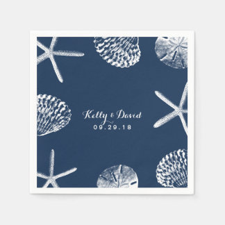Navy Blue Beach Seashells Wedding Napkin