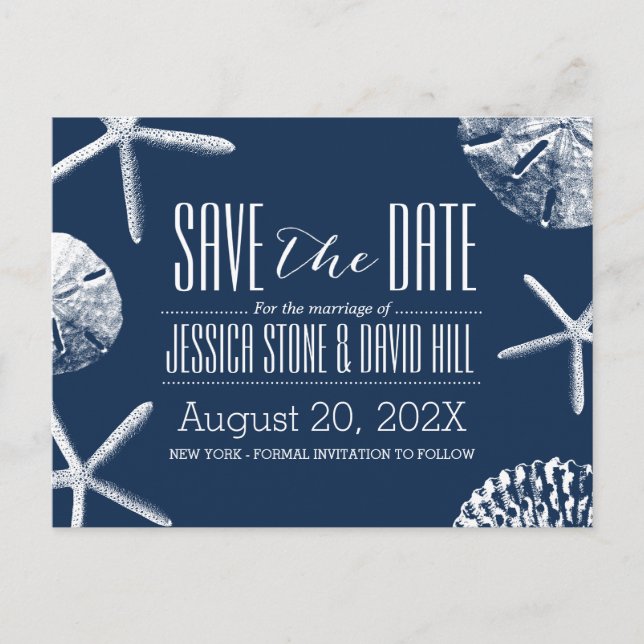 Navy Blue Beach Seashells Wedding Save the Date Announcement Postcard (Front)
