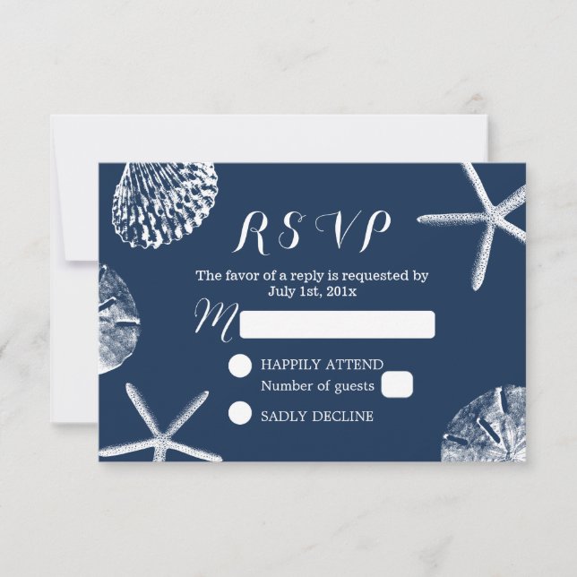 Navy Blue Beach Theme Seashells Wedding RSVP Card (Front)