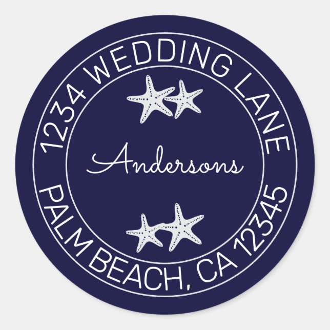 Navy Blue Beach Wedding Starfish Classic Round Sticker (Front)