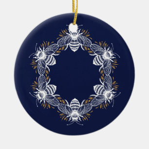 Navy Blue Bee Circle Ceramic Ornament