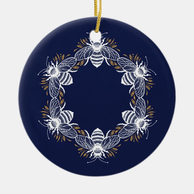 Navy Blue Bee Circle Ceramic Ornament (Front)