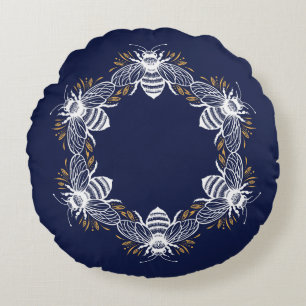 Navy Blue Bee Circle Round Cushion