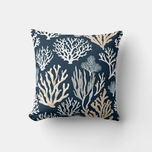 Navy Blue Beige Beachy Coral Reef Nautical  Cushion (Front)