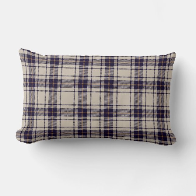 Navy Blue Beige Scottish Tartan Plaid Pattern Lumbar Cushion (Front)
