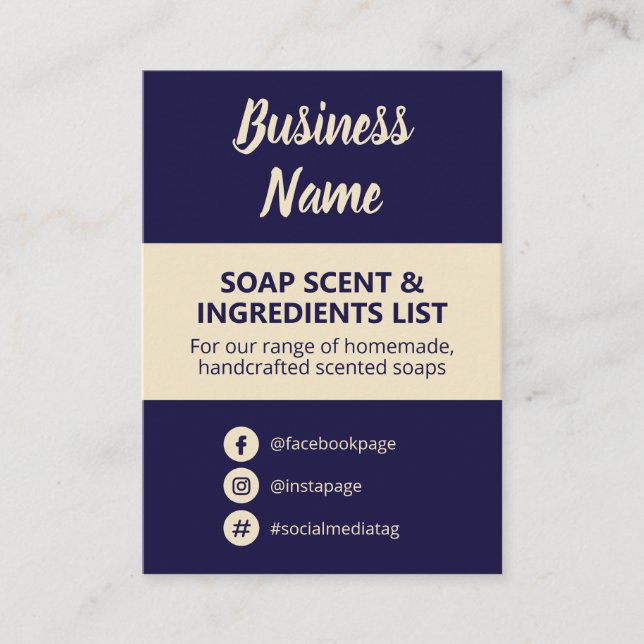 Navy Blue & Beige Soap Scent Ingredients List Business Card (Front)