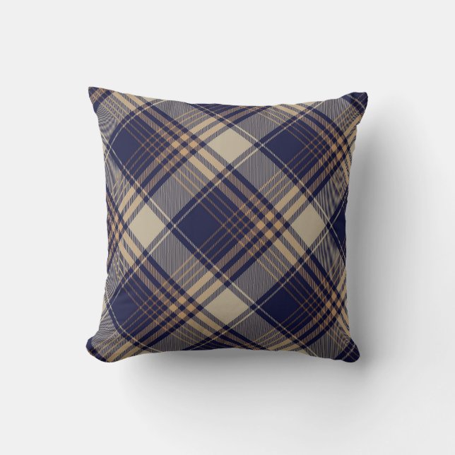Navy Blue Beige Tartan Plaid Argyle Pattern Cushion (Front)