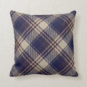 Navy Blue Beige Tartan Plaid Argyle Pattern Cushion