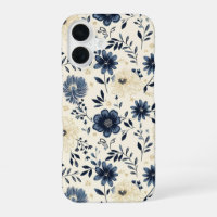 Navy Blue Beige Vintage Folk Art Flowers