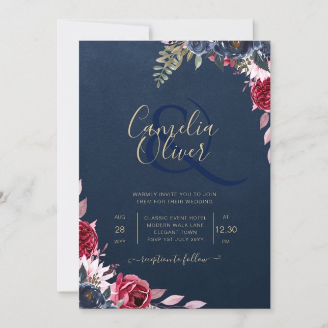 Navy Blue Berry Floral Burgundy Winter Fall Invitation (Front)