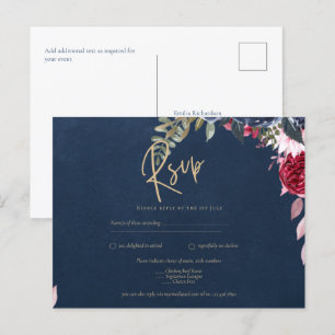 Navy Blue Berry Floral Burgundy Winter Fall Postcard