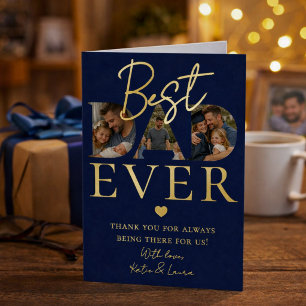 Navy Blue Best Dad Ever Photo Collage Father's Day Foil Greeting Card