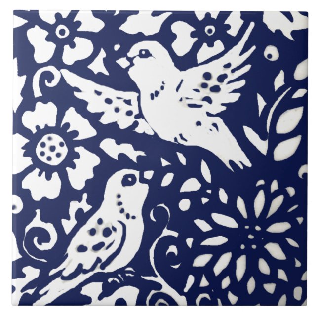 Navy Blue Bird Floral Woodland Animal Trivet (Front)