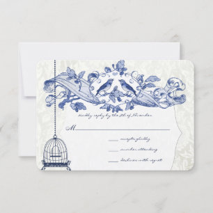 Navy Blue Birdcage Oak Vintage Birds Wedding RSVP Card