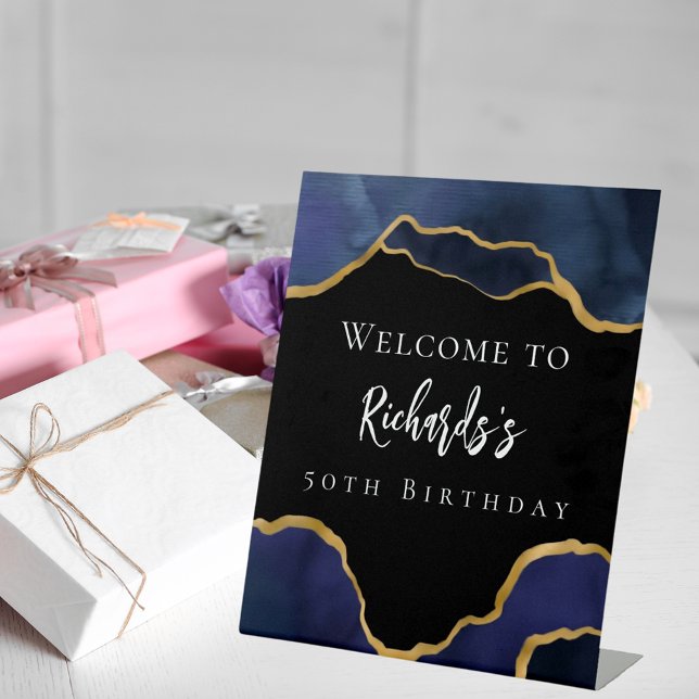 Navy blue black agate welcome birthday pedestal sign (Creator Uploaded)