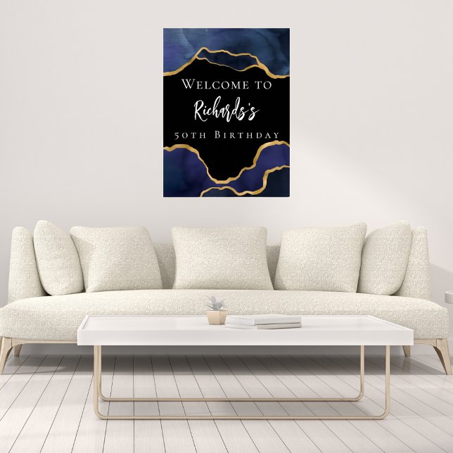 Navy blue black agate welcome birthday poster (Creator Uploaded)