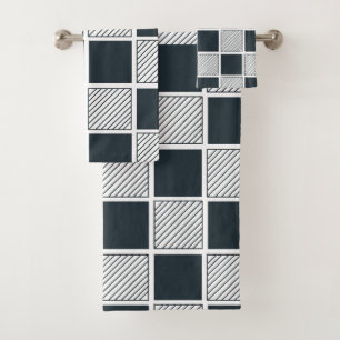 Navy Blue Black and White Chequerboard Pattern Bath Towel Set