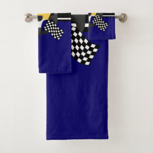 Navy Blue, Black and White Chequered Racing 🏎 Bath Towel Set