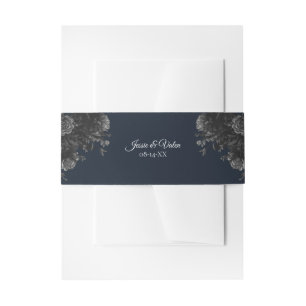 Navy Blue Black Floral Wedding  Invitation Belly Band