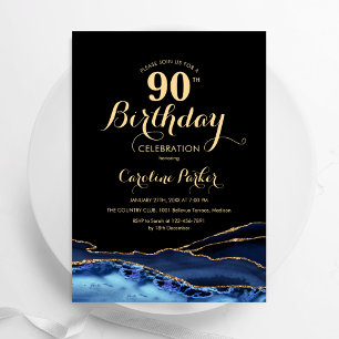 Navy Blue Black Gold Agate Marble 90th Birthday Invitation