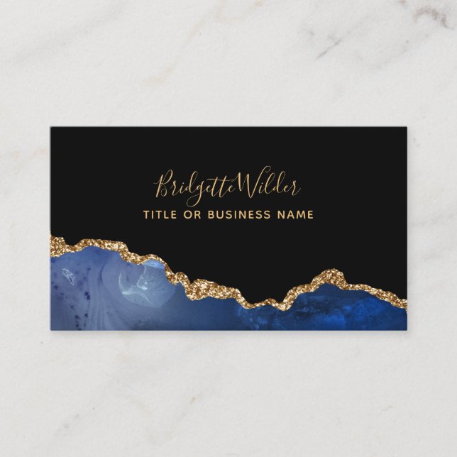 Navy Blue Black Gold Glitter Agate  Business Card (Front)