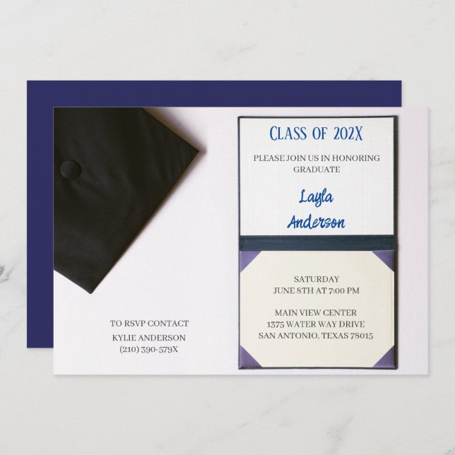 Navy Blue/Black Graduation Cap Diploma  Invitation (Front/Back)