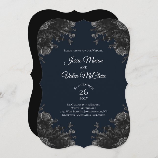 Navy Blue Black Grey Roses Gothic Elegant Wedding Invitation (Front/Back)