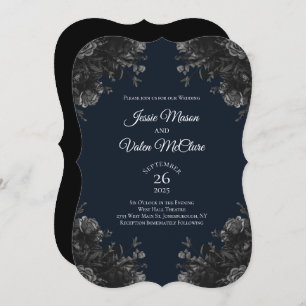 Navy Blue Black Grey Roses Gothic Elegant Wedding Invitation