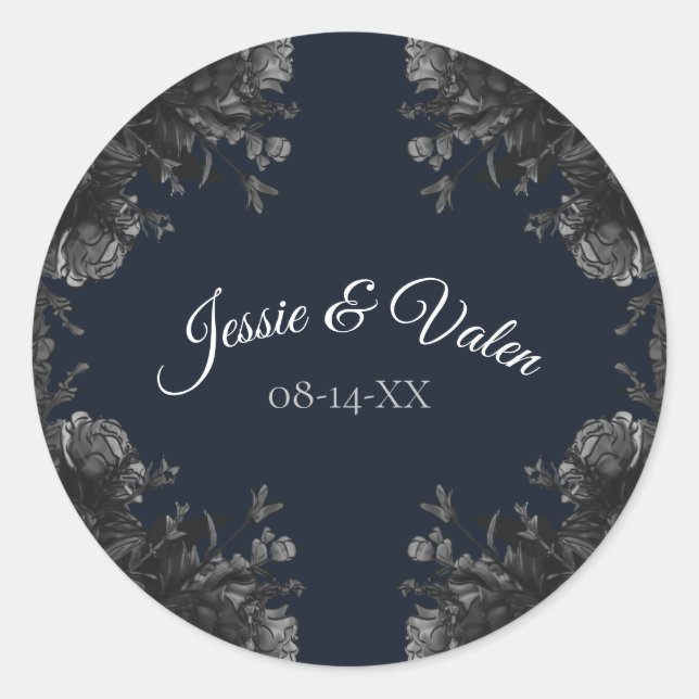 Navy Blue Black Grey Roses Gothic Wedding Classic Round Sticker (Front)