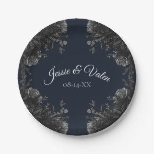 Navy Blue Black Grey Roses Gothic Wedding Paper Plate