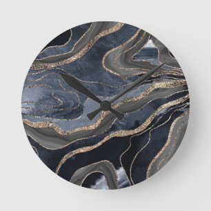 Navy Blue Black Marble Agate Gold Glitter Glam #2  Round Clock