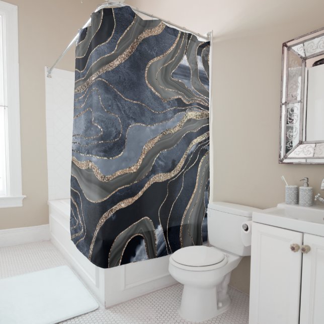 Navy Blue Black Marble Agate Gold Glitter Glam #2  Shower Curtain (In Situ)