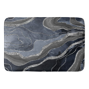 Navy Blue Black Marble Agate Silver Glitter Glam Bath Mat