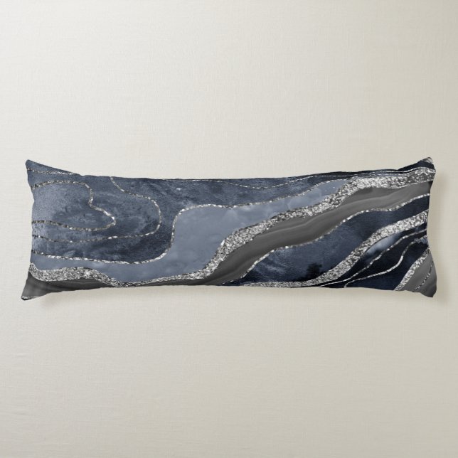 Navy Blue Black Marble Agate Silver Glitter Glam  Body Cushion (Front)