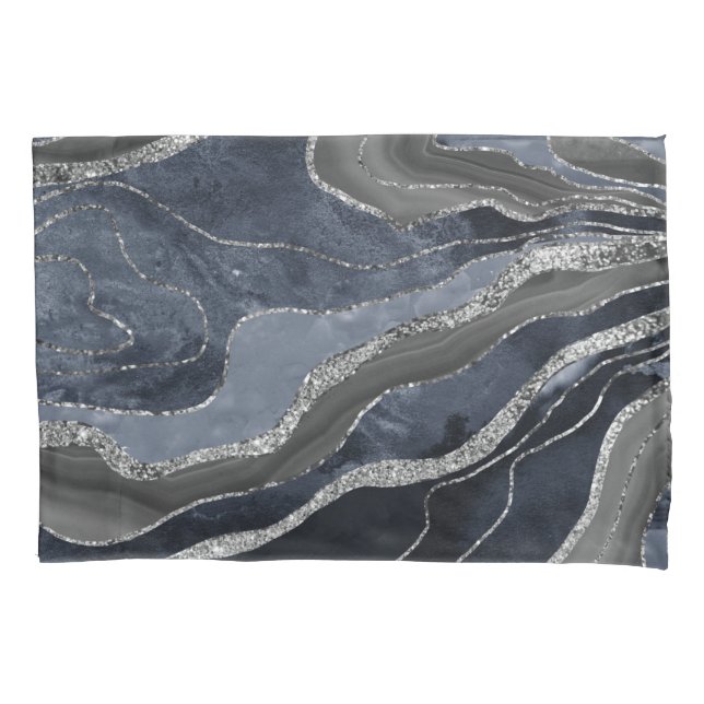 Navy Blue Black Marble Agate Silver Glitter Glam  Pillowcase (Front)