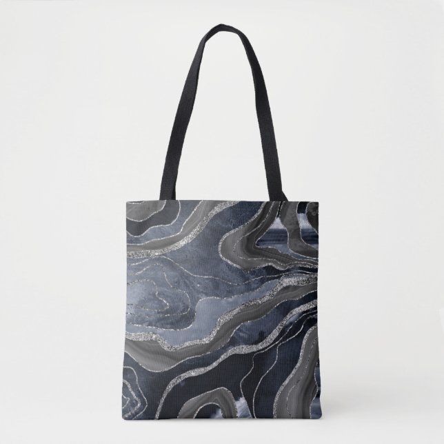 Navy Blue Black Marble Agate Silver Glitter Glam  Tote Bag (Front)