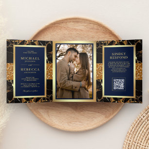 Navy Blue Black Marble Gold QR Code Wedding Tri-Fold Invitation