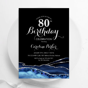 Navy Blue Black Silver Agate 80th Birthday Invitation