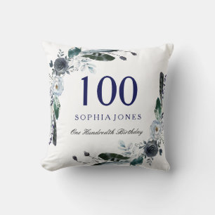 Navy Blue Black White Floral 100th Birthday Gift Cushion