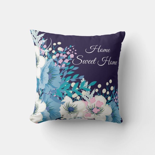 Navy Blue Blossoms Floral Cushion (Front)
