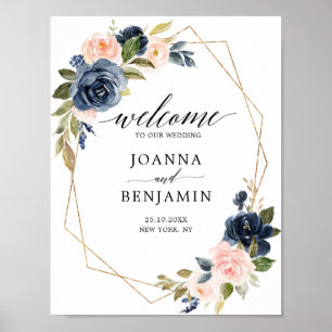 Navy Blue Blue Blush Geometric Wedding Welcome Poster