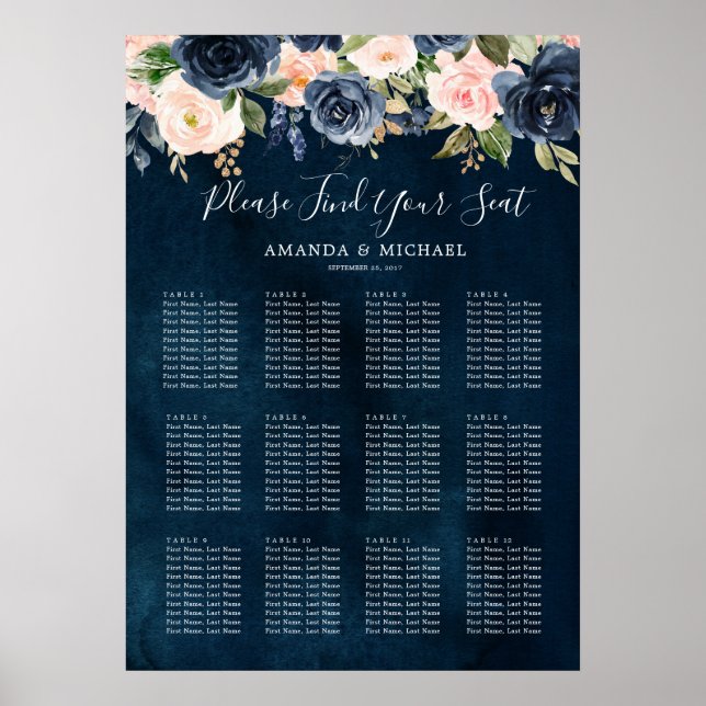 Navy Blue Blue Blush Pink Botanical Seating Chart (Front)