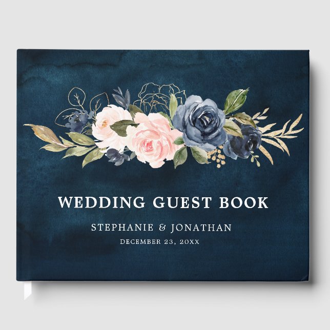 Navy Blue Blue Blush Pink Rose Botanical Guest Book (Front)