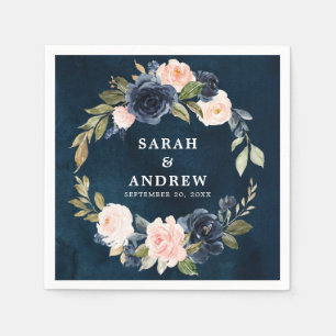 Navy Blue Blue Blush Pink Rose Botanical Napkin