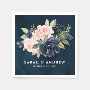 Navy Blue Blue Blush Pink Rose Botanical Napkin
