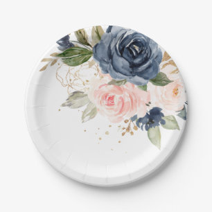 Navy Blue Blue Blush Pink Rose Botanical Wedding Paper Plate