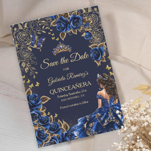 Navy Blue Blue Golden Tiara Roses Quinceañera Save The Date