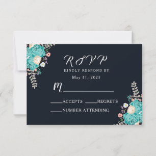 Navy Blue Bluish Flowers Wedding RSVP Card